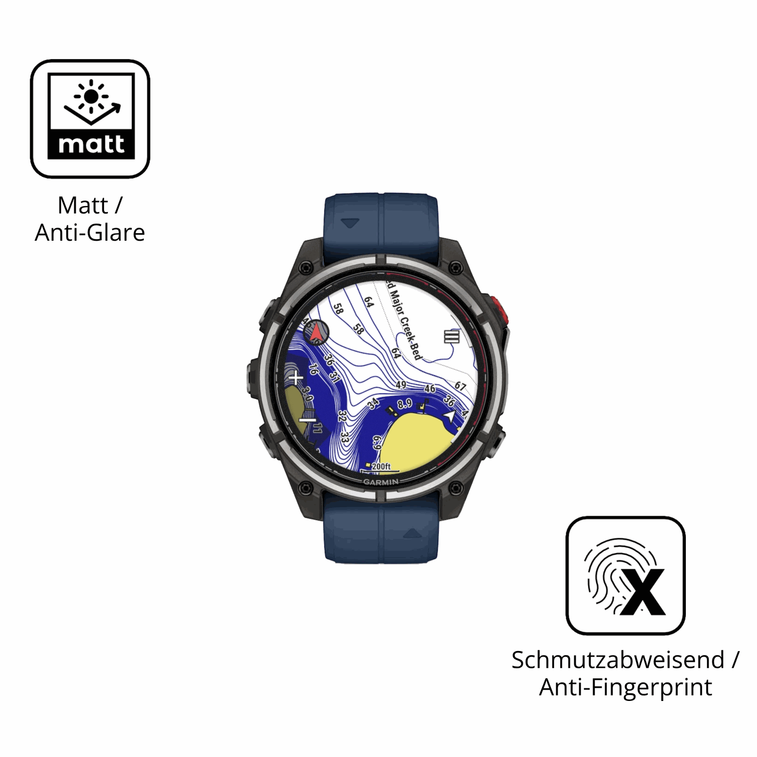 Dünne und entspiegelnde Folie passend zugeschnitten für Garmin quatix 8 Pro 47mm