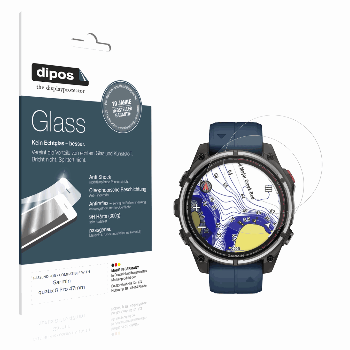 Matte Displayschutzfolie von dipos passend für Garmin quatix 8 Pro 47mm, 9H kratzfest und blasenfrei montiert