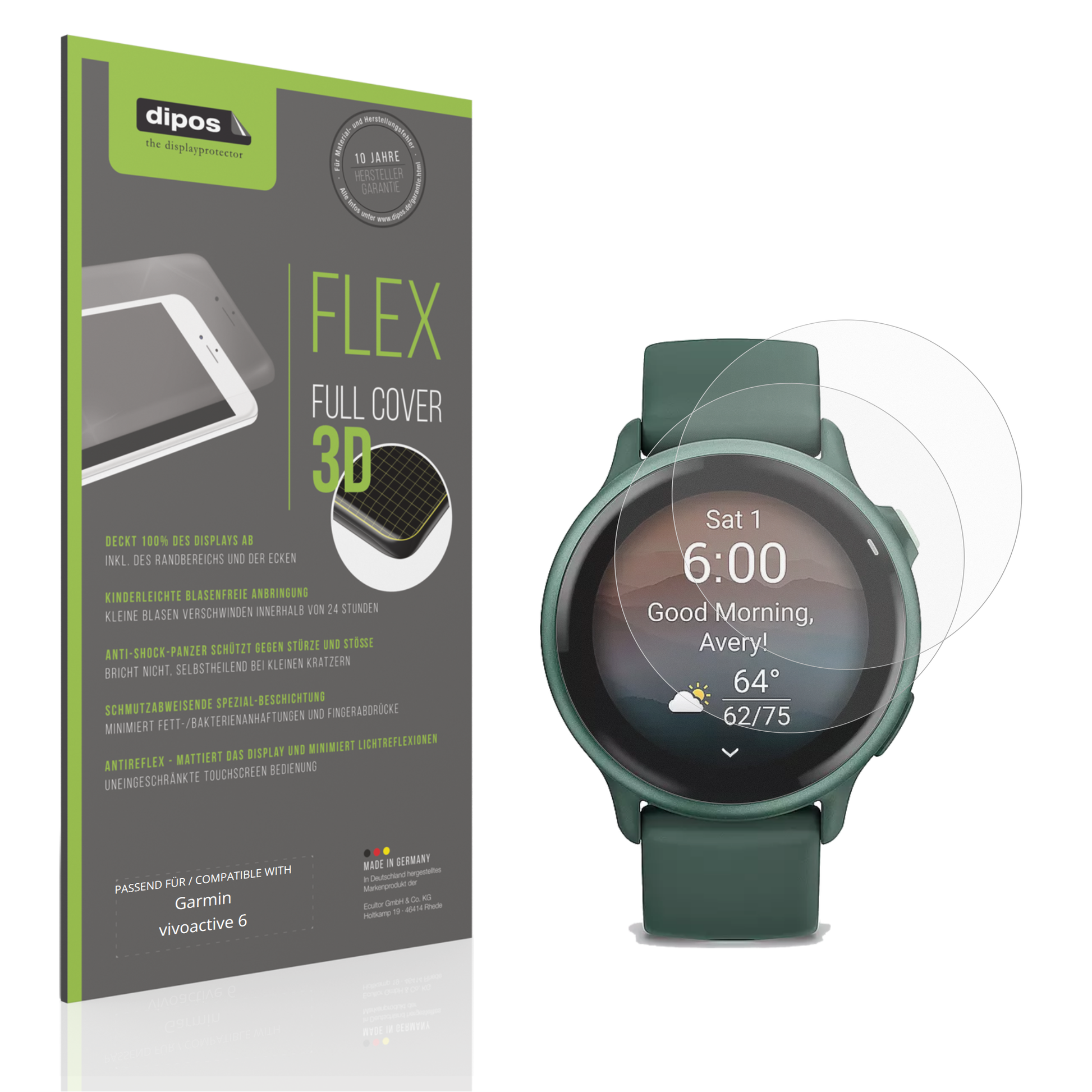 Matte Displayschutzfolie von dipos passend für Garmin vivoactive 6, 100% Displayabdeckung und blasenfreie Montage