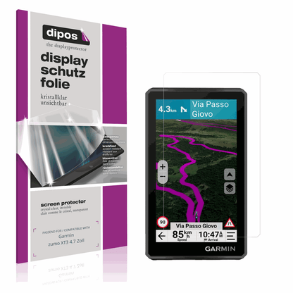 Klare Displayschutzfolie von dipos passend für Garmin zumo XT3 4.7 Zoll, präziser Zuschnitt und blasenfrei montiert