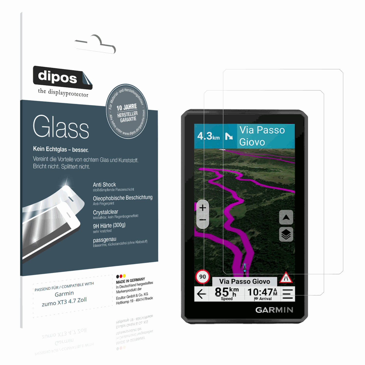 Klare Displayschutzfolie von dipos passend für Garmin zumo XT3 4.7 Zoll, 9H kratzfest und blasenfrei montiert