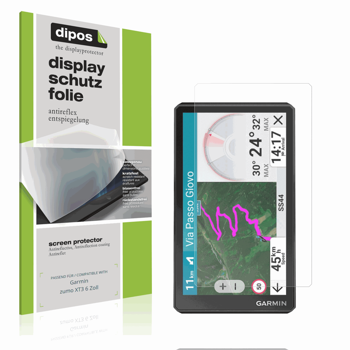 Matte Displayschutzfolie von dipos passend für Garmin zumo XT3 6 Zoll, präziser Zuschnitt und blasenfrei montiert