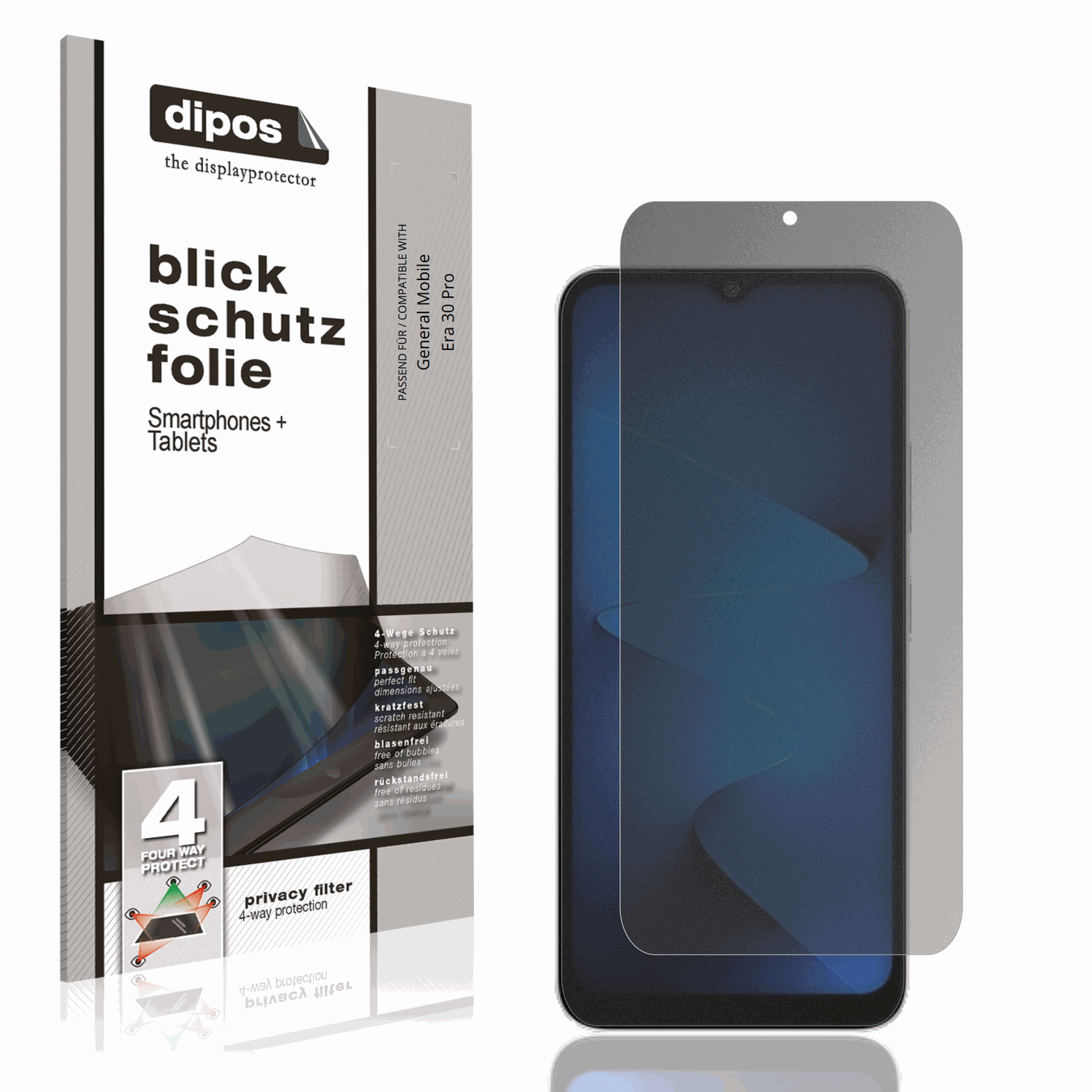 Blickschutzfolie von dipos passend für General Mobile Era 30 Pro, präziser Zuschnitt und blasenfrei montiert