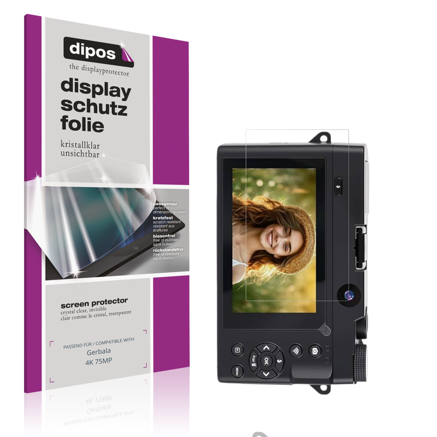 Klare Displayschutzfolie von dipos passend für Gerbala 4K 75MP, präziser Zuschnitt und blasenfrei montiert