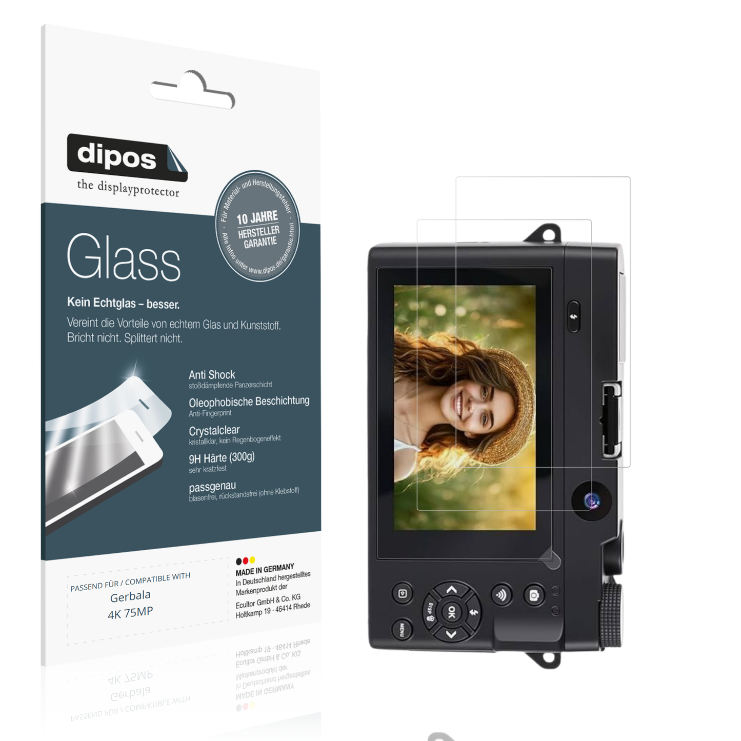 Klare Displayschutzfolie von dipos passend für Gerbala 4K 75MP, 9H kratzfest und blasenfrei montiert