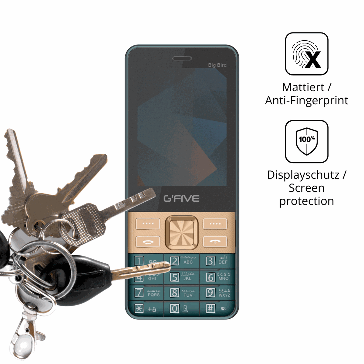 dipos Displayschutz für GFive Big Bird New, mattierte Oberfläche, Blickschutzfilter und perfekter Passform