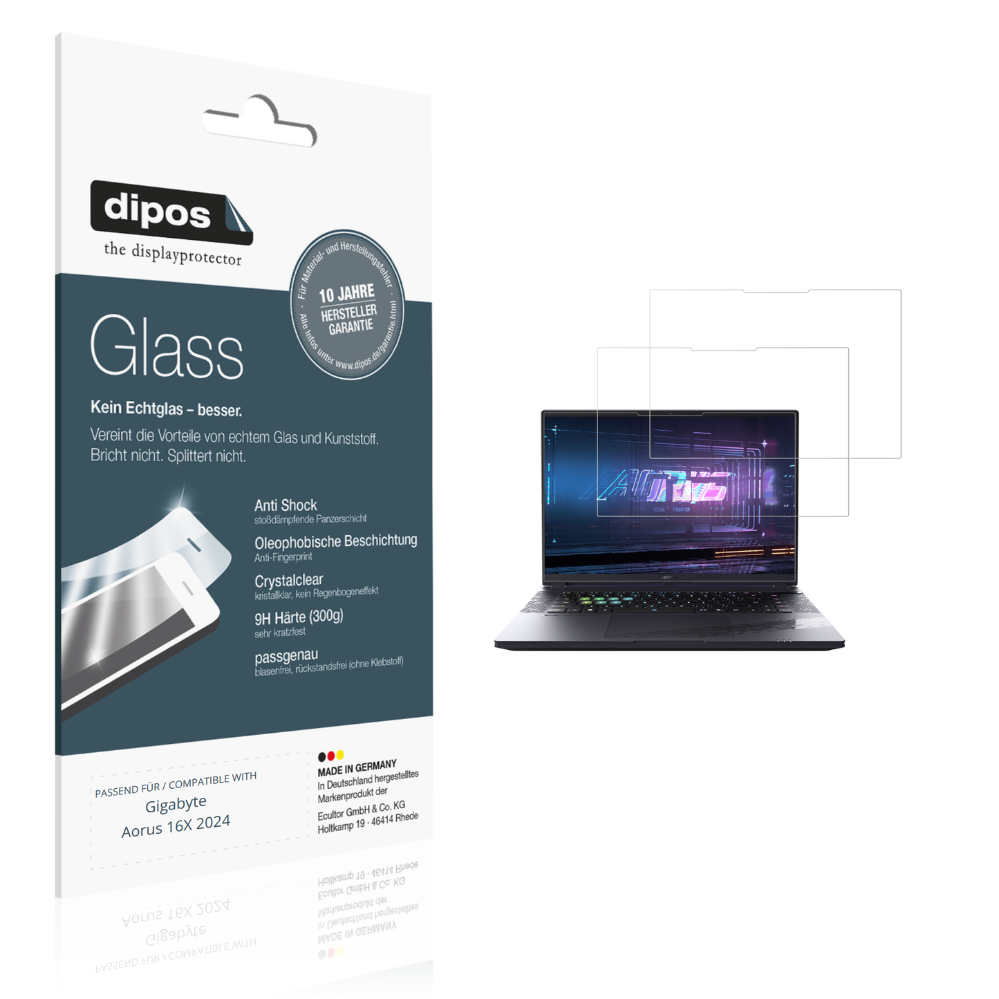 Klare Displayschutzfolie von dipos passend für Gigabyte Aorus 16X 2024, 9H kratzfest und blasenfrei montiert