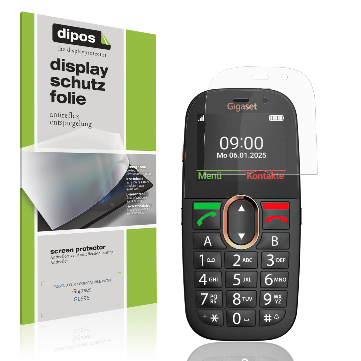 Matte Displayschutzfolie von dipos passend für Gigaset GL695, präziser Zuschnitt und blasenfrei montiert