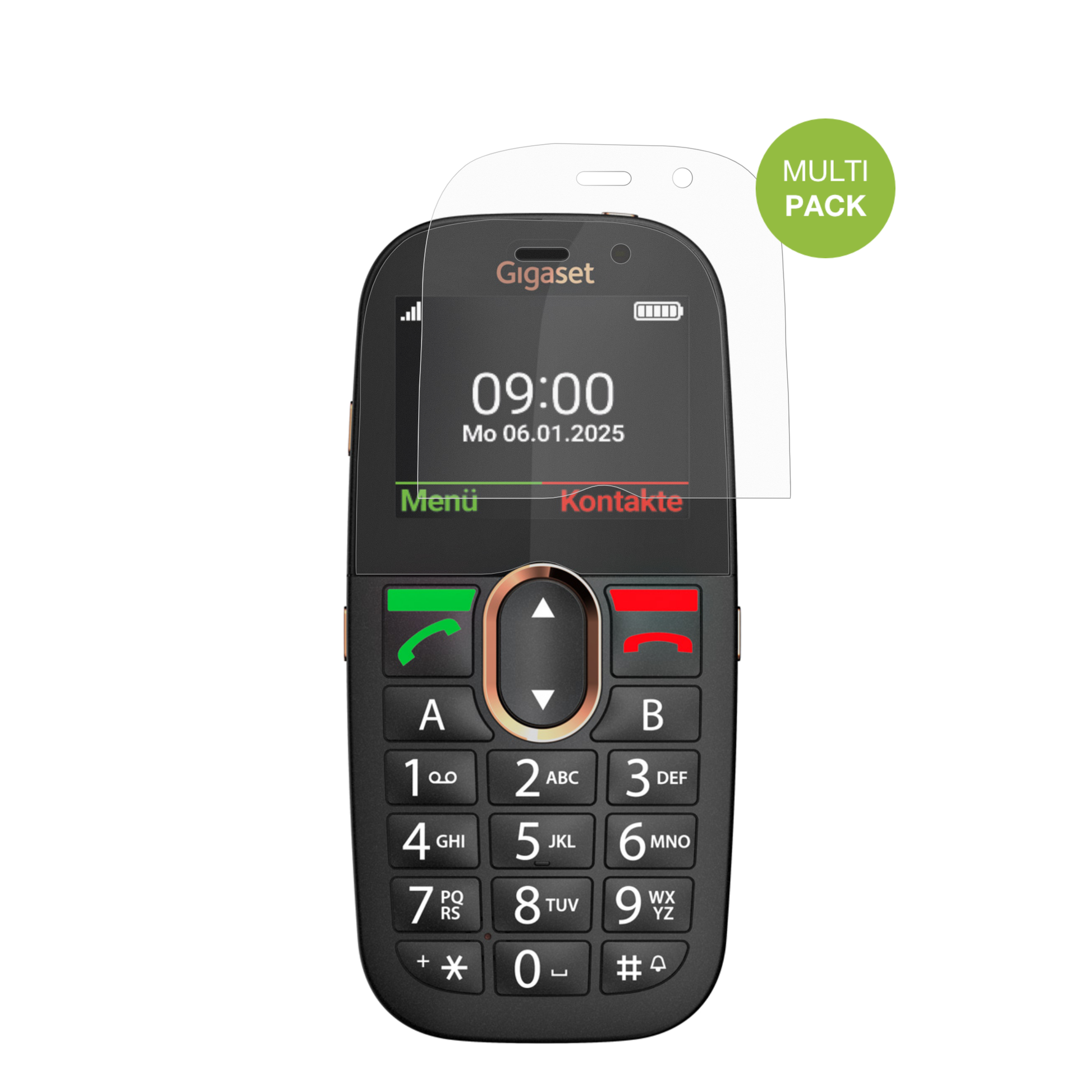 GigasetGL695 mit aufgebrachter dipos Displayschutzfolie, die lästige Fingerabdrücke minimiert