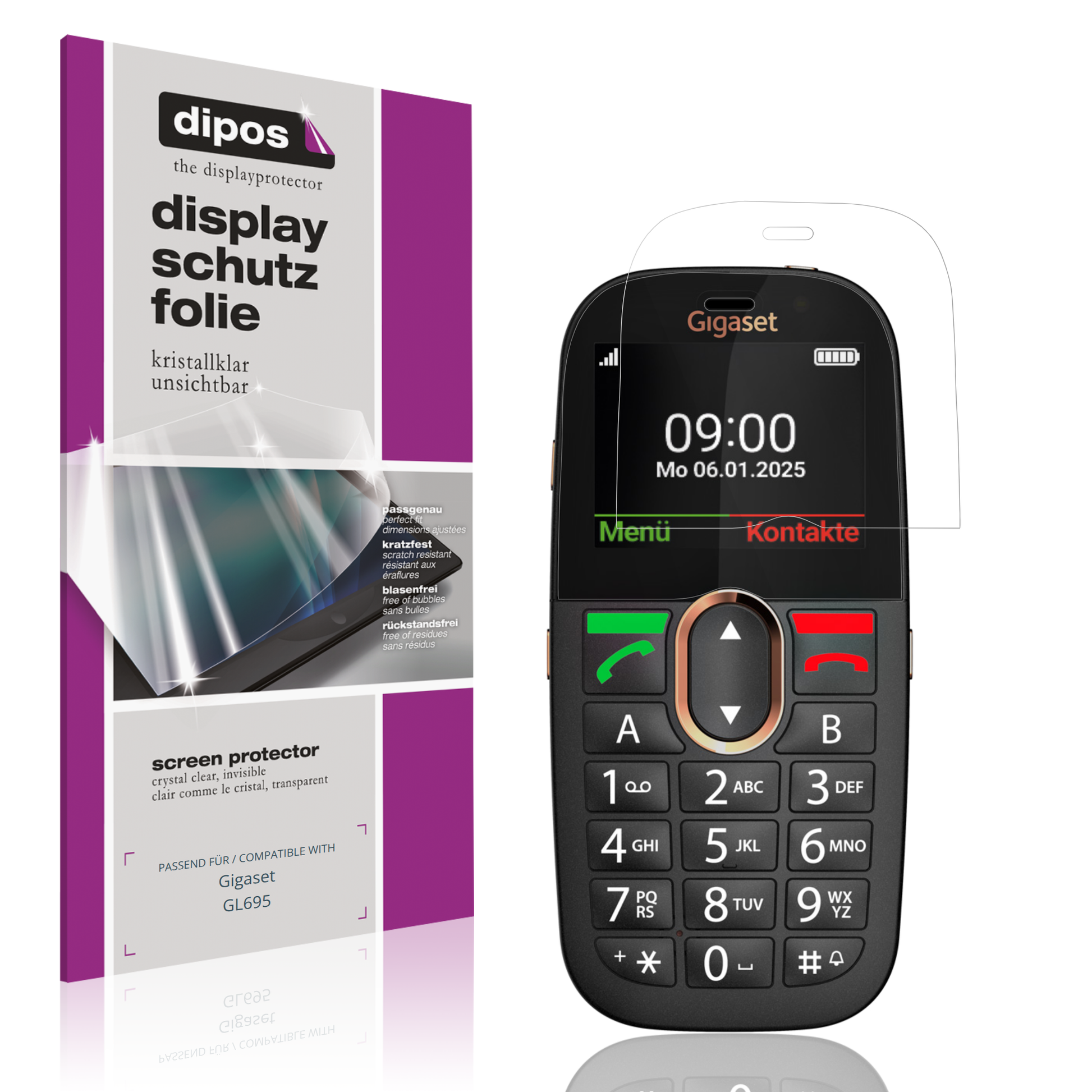 Klare Displayschutzfolie von dipos passend für Gigaset GL695, präziser Zuschnitt und blasenfrei montiert