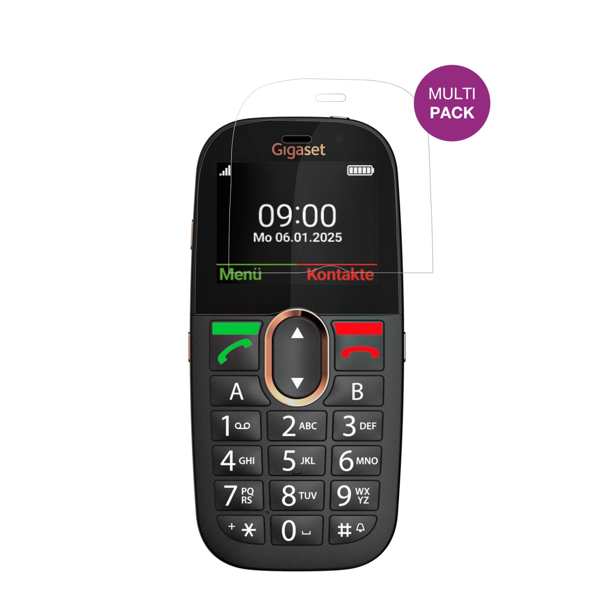 GigasetGL695 mit aufgebrachter dipos Displayschutzfolie, glasklare Darstellung ohne Einschränkungen