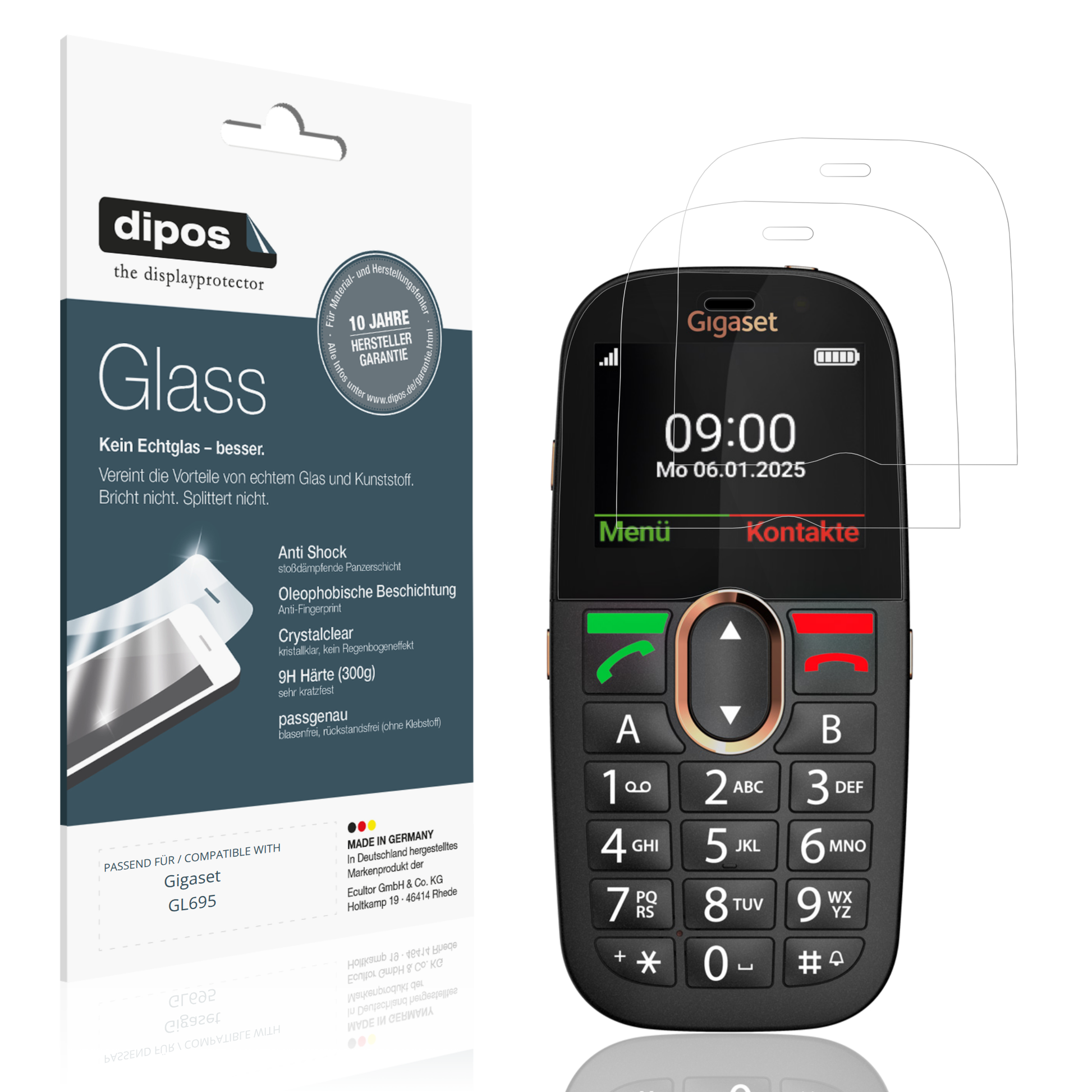 Klare Displayschutzfolie von dipos passend für Gigaset GL695, 9H kratzfest und blasenfrei montiert