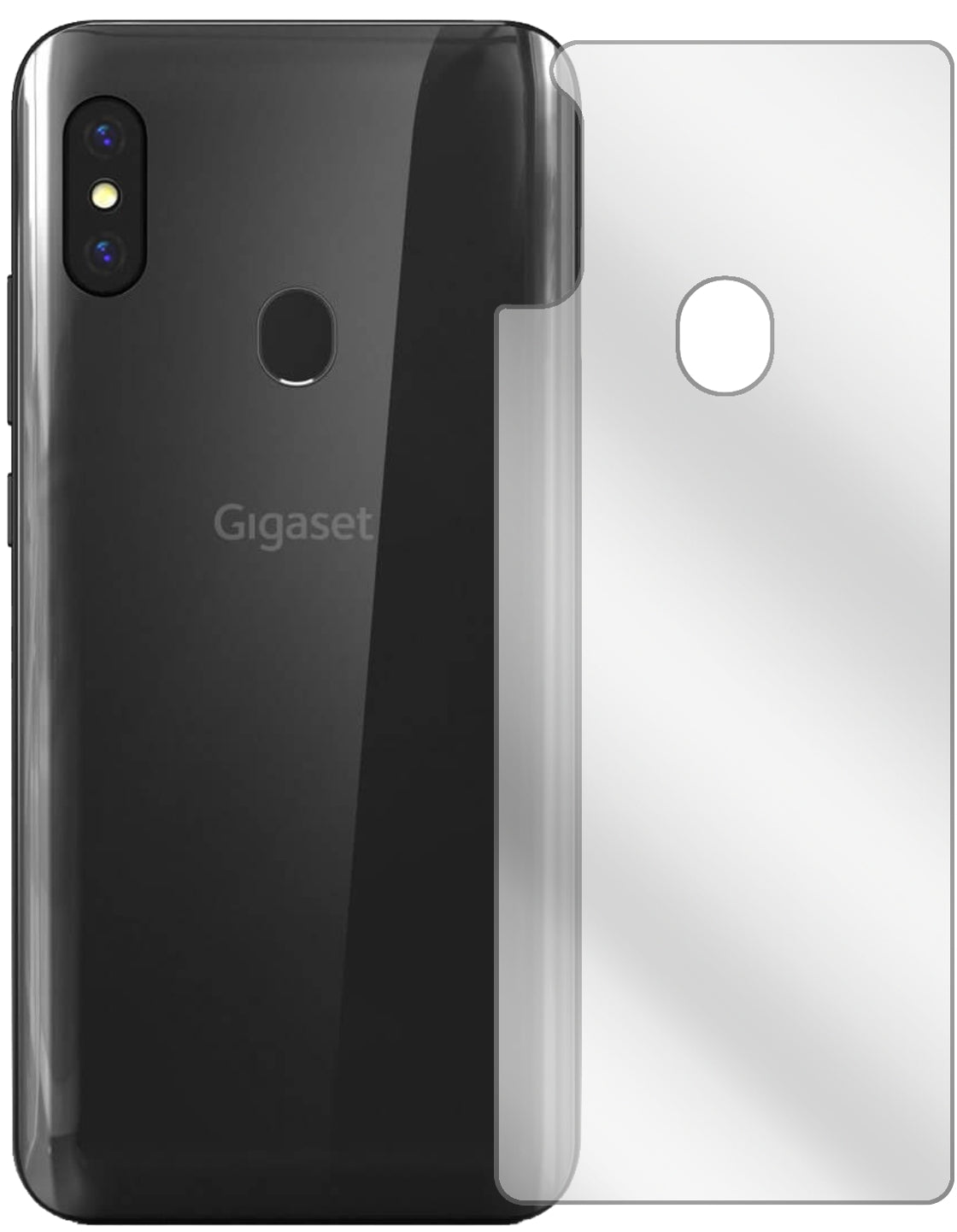 GigasetGS290 Rückseite mit aufgebrachter dipos Displayschutzfolie, glasklare Darstellung ohne Einschränkungen