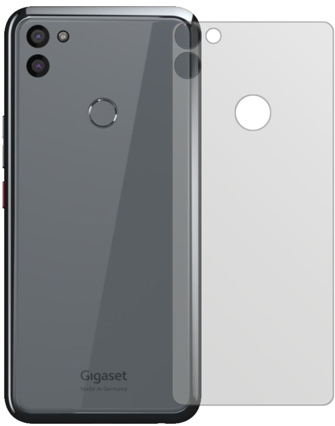 GigasetGS5 Rückseite mit aufgebrachter dipos Displayschutzfolie, die lästige Fingerabdrücke minimiert