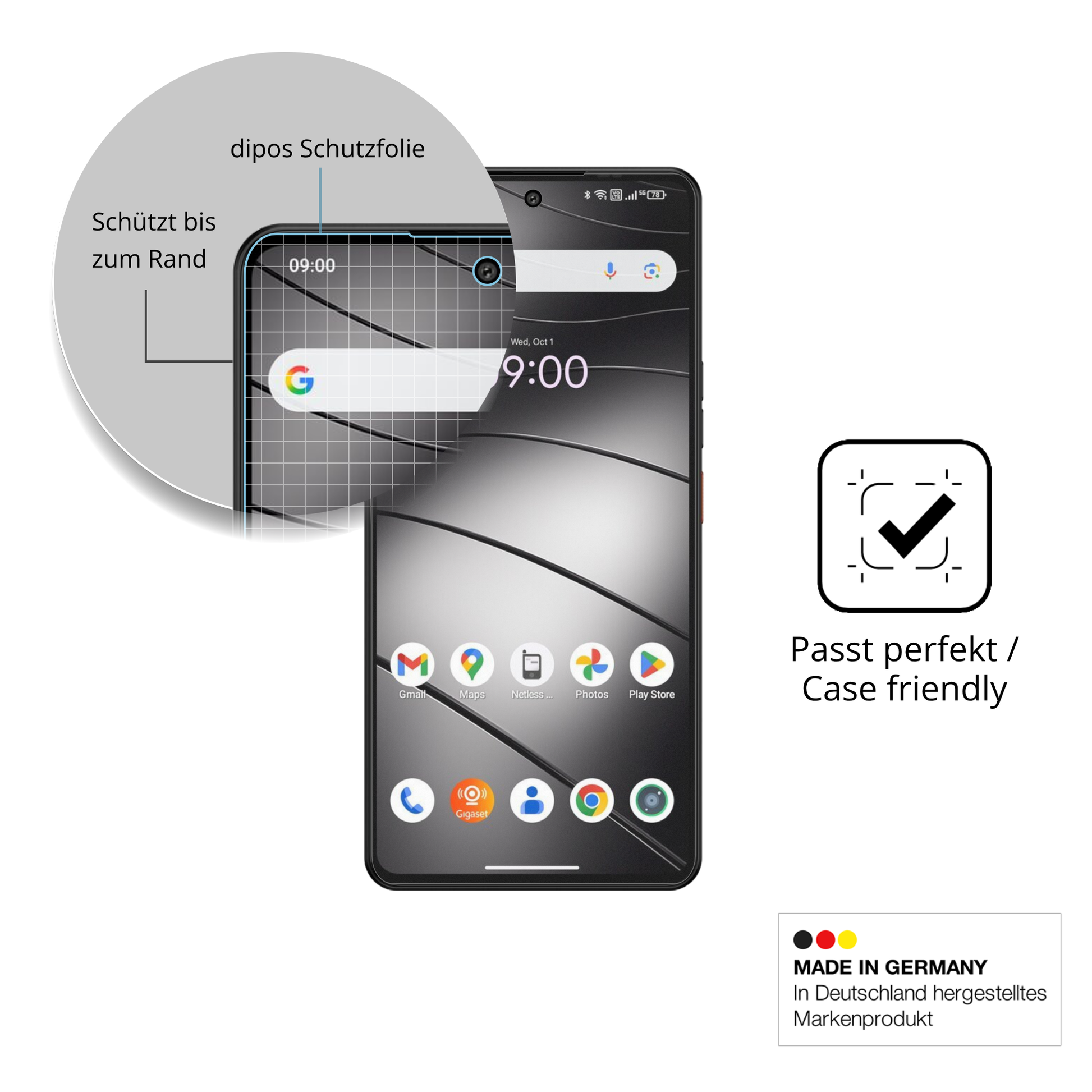 Schutzglasfolie mit optimaler Passform, zur Verwendung mit Hüllen geeignet