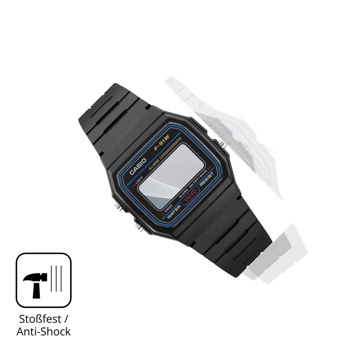 Schutz gegen Kratzer auf dem Casio F-91WF-1A Glas durch Schlüssel, Stöße gegen die Tischkante oder Stürze