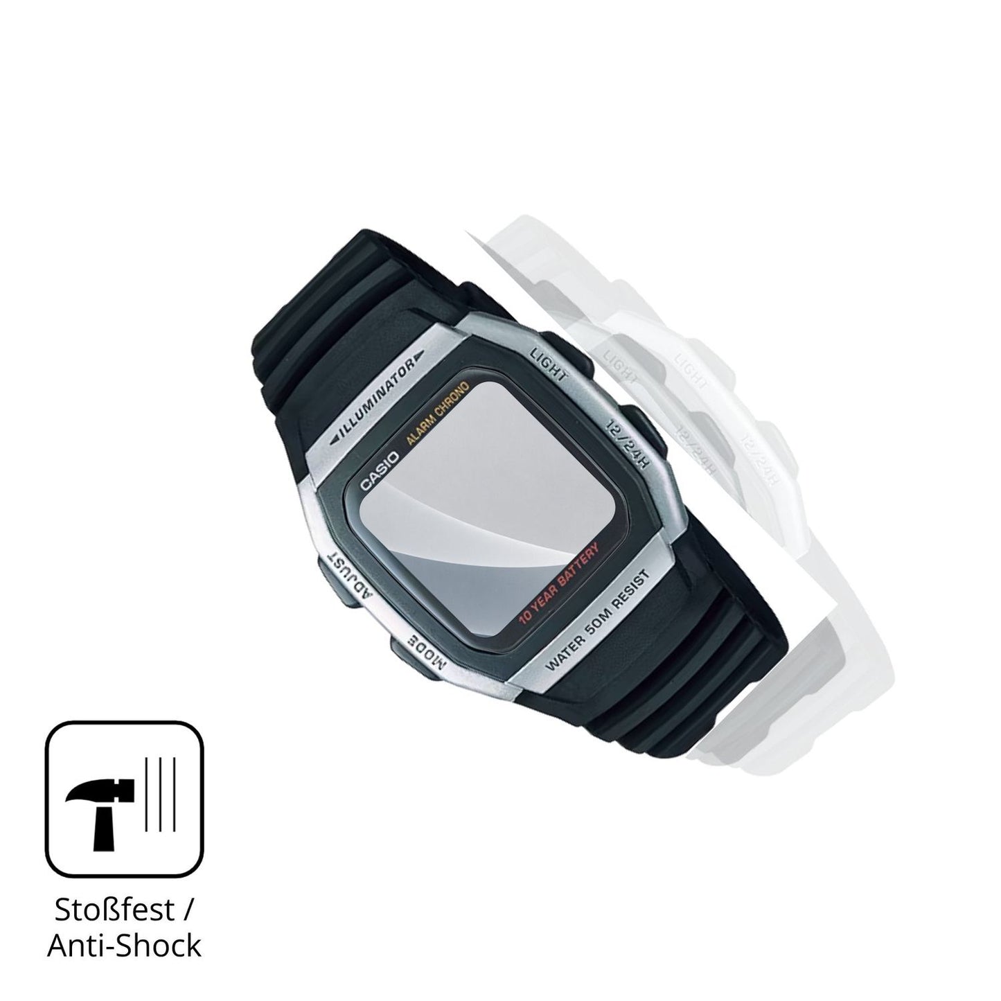 Schutz gegen Kratzer auf dem Casio W-96H-1AV Glas durch Schlüssel, Stöße gegen die Tischkante oder Stürze