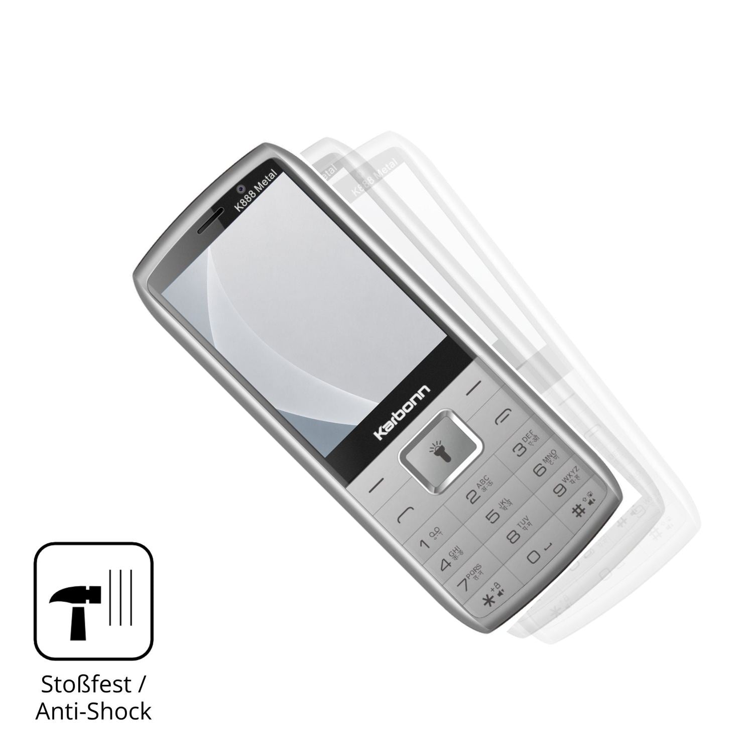 Schutz gegen Kratzer auf dem Karbonn K888 Metal Glas durch Schlüssel, Stöße gegen die Tischkante oder Stürze