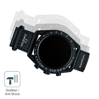 Schutz gegen Kratzer auf dem Omega x Swatch Speedmaster Moonswatch Glas durch Schlüssel, Stöße gegen die Tischkante oder Stürze
