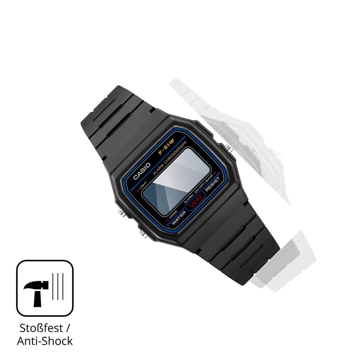 Schutz gegen Kratzer auf dem Casio F-91WF-1A Glas durch Schlüssel, Stöße gegen die Tischkante oder Stürze