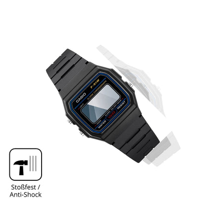 Schutz gegen Kratzer auf dem Casio F-91WF-1A Glas durch Schlüssel, Stöße gegen die Tischkante oder Stürze