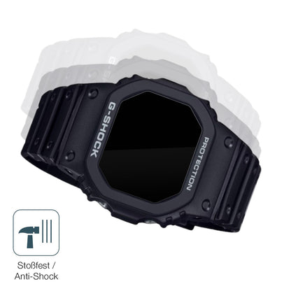 Schutz gegen Kratzer auf dem Casio G-Shock DW-5000R-1A Glas durch Schlüssel, Stöße gegen die Tischkante oder Stürze