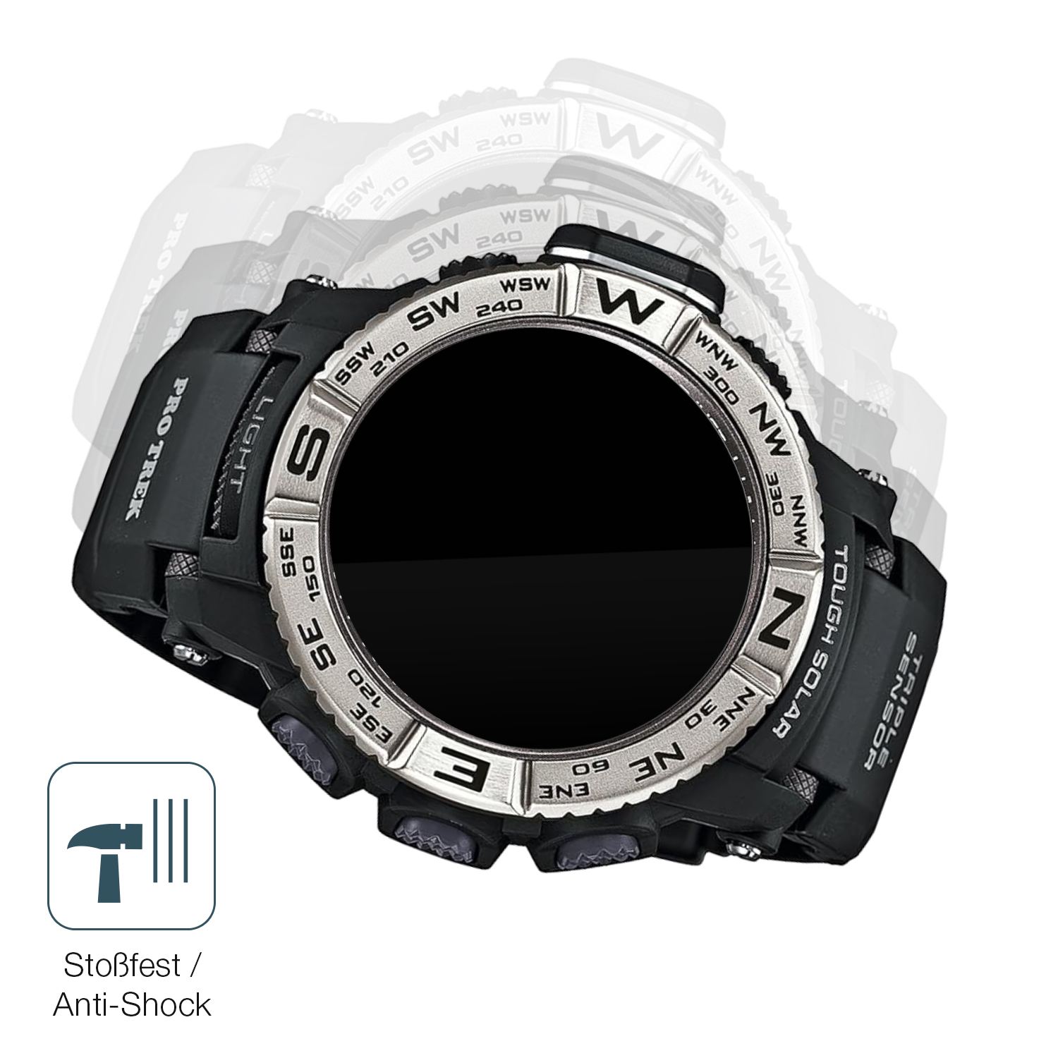 Schutz gegen Kratzer auf dem Casio Pro Trek PRW-3500-1 Glas durch Schlüssel, Stöße gegen die Tischkante oder Stürze