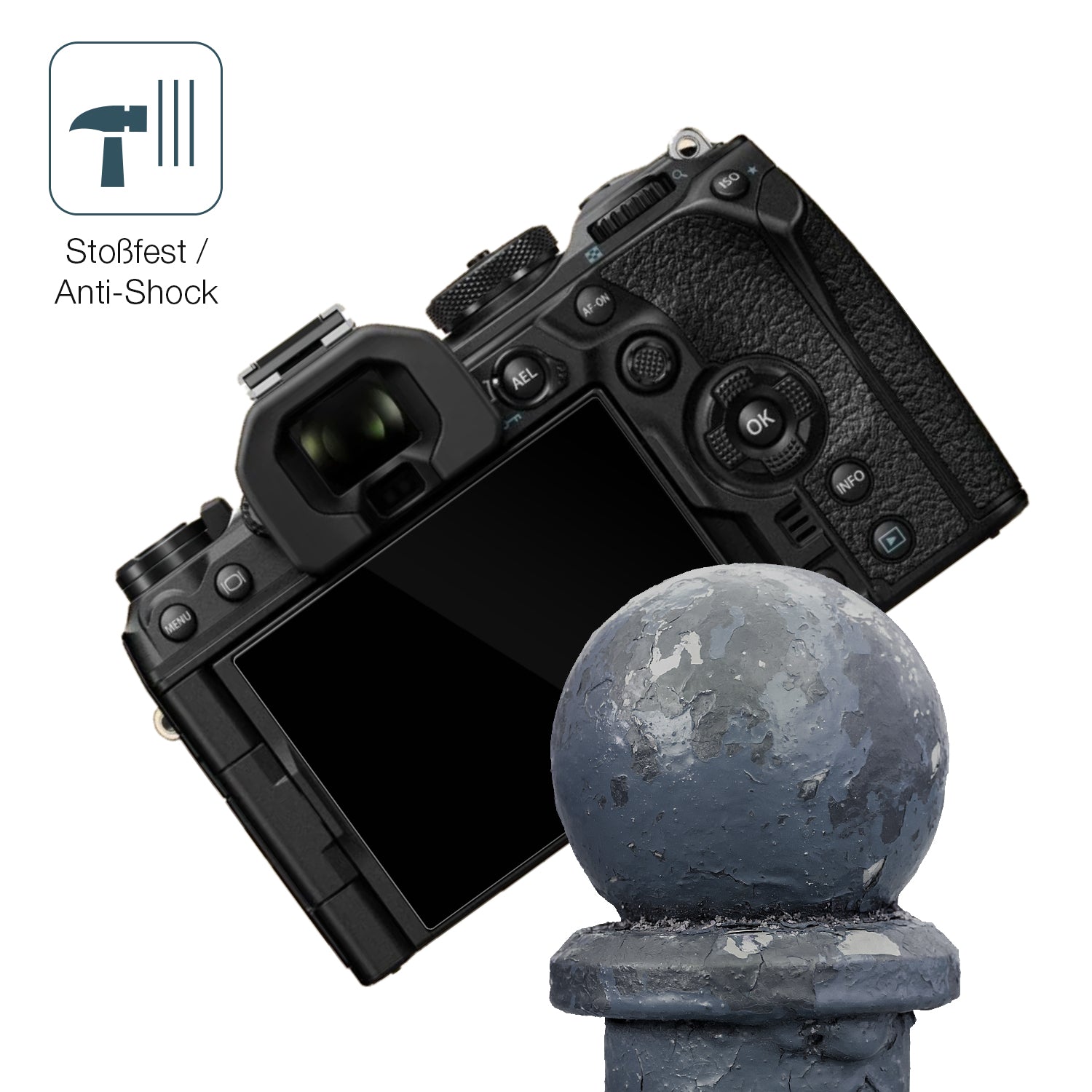 Schutz gegen Kratzer auf dem Olympus OM System OM-1 Mark II Glas durch Schlüssel, Stöße gegen die Tischkante oder Stürze