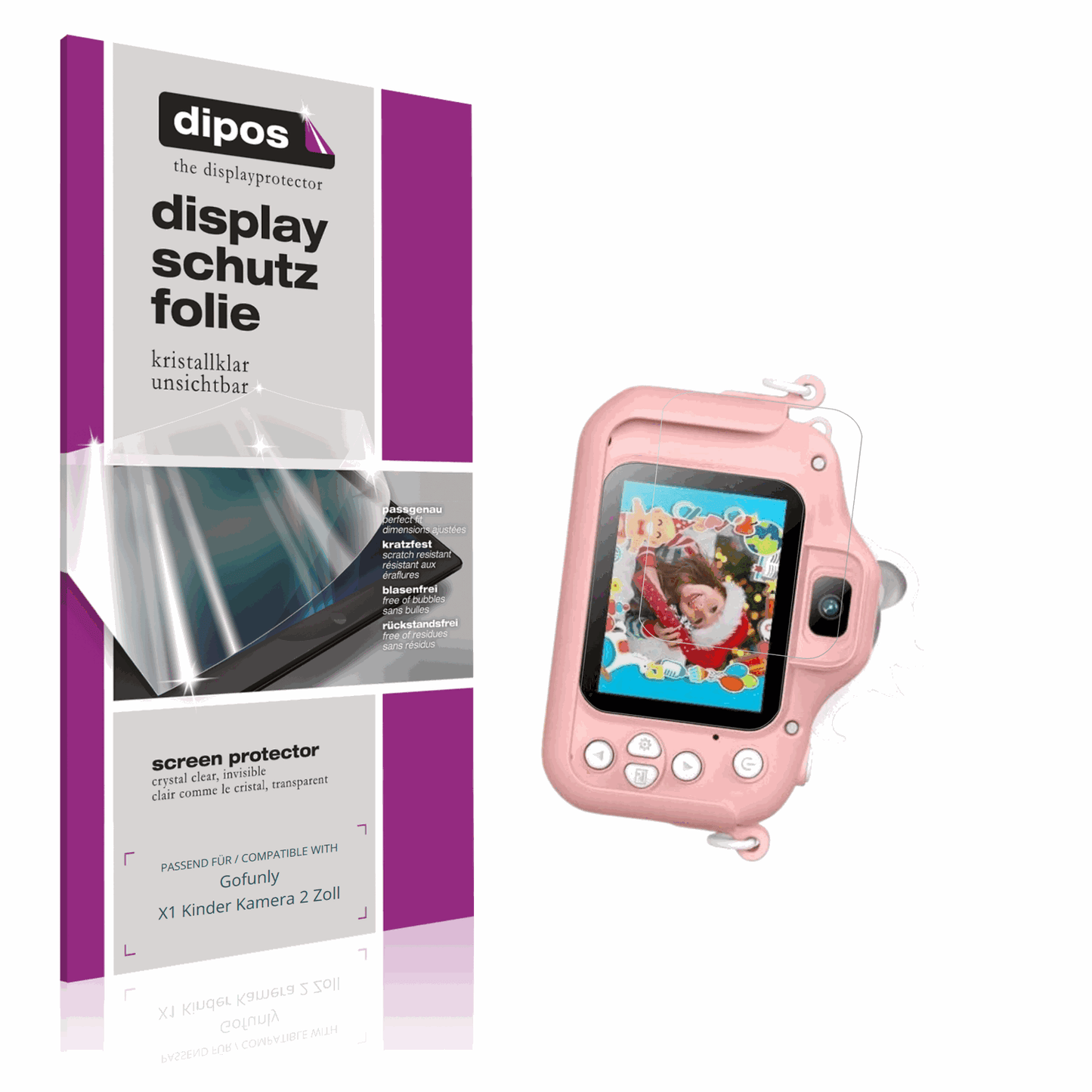 Klare Displayschutzfolie von dipos passend für Gofunly X1 Kinder Kamera 2 Zoll, präziser Zuschnitt und blasenfrei montiert