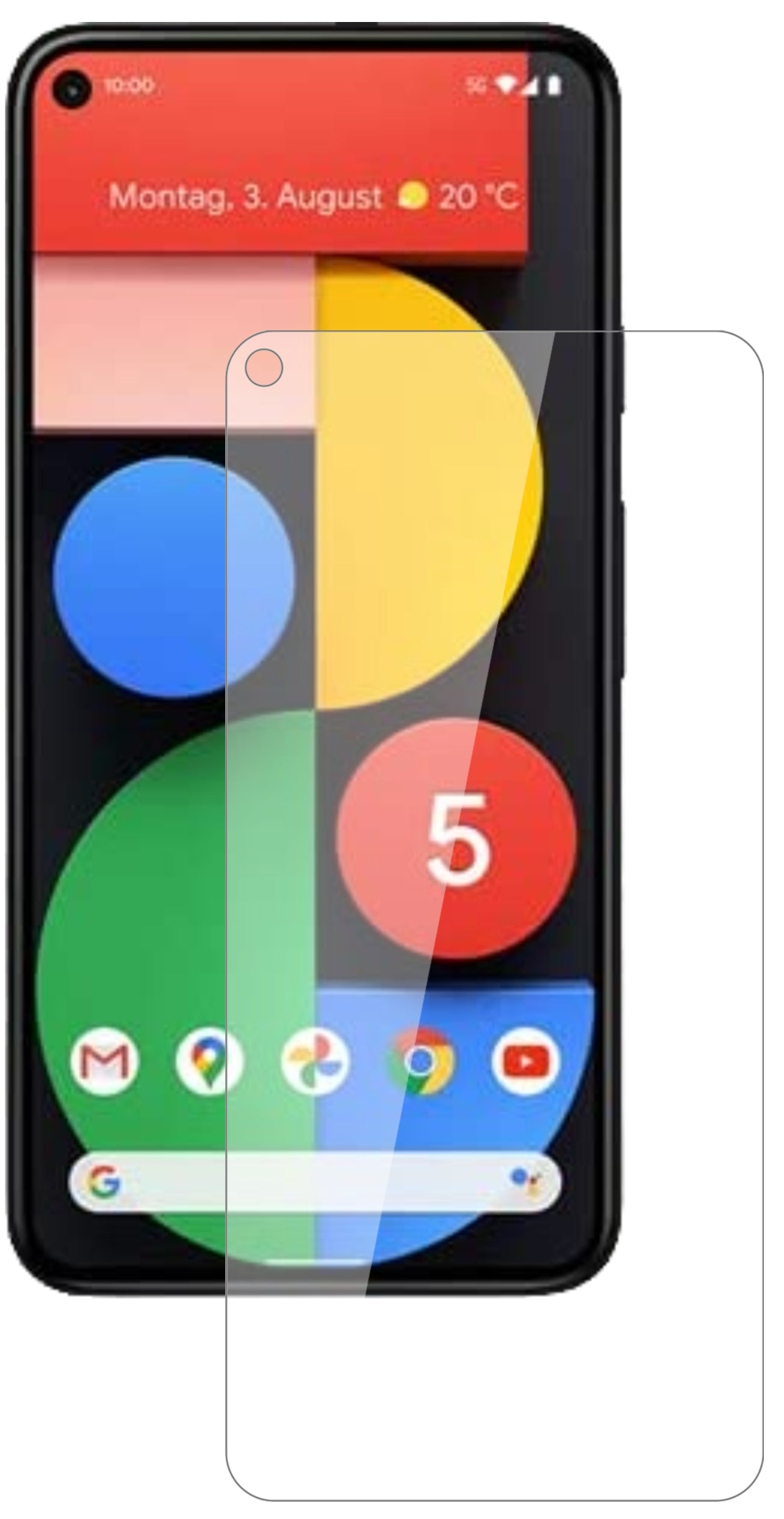 GooglePixel 5 mit aufgebrachter dipos Flex Schutzfolie, glasklare Darstellung ohne Einschränkungen