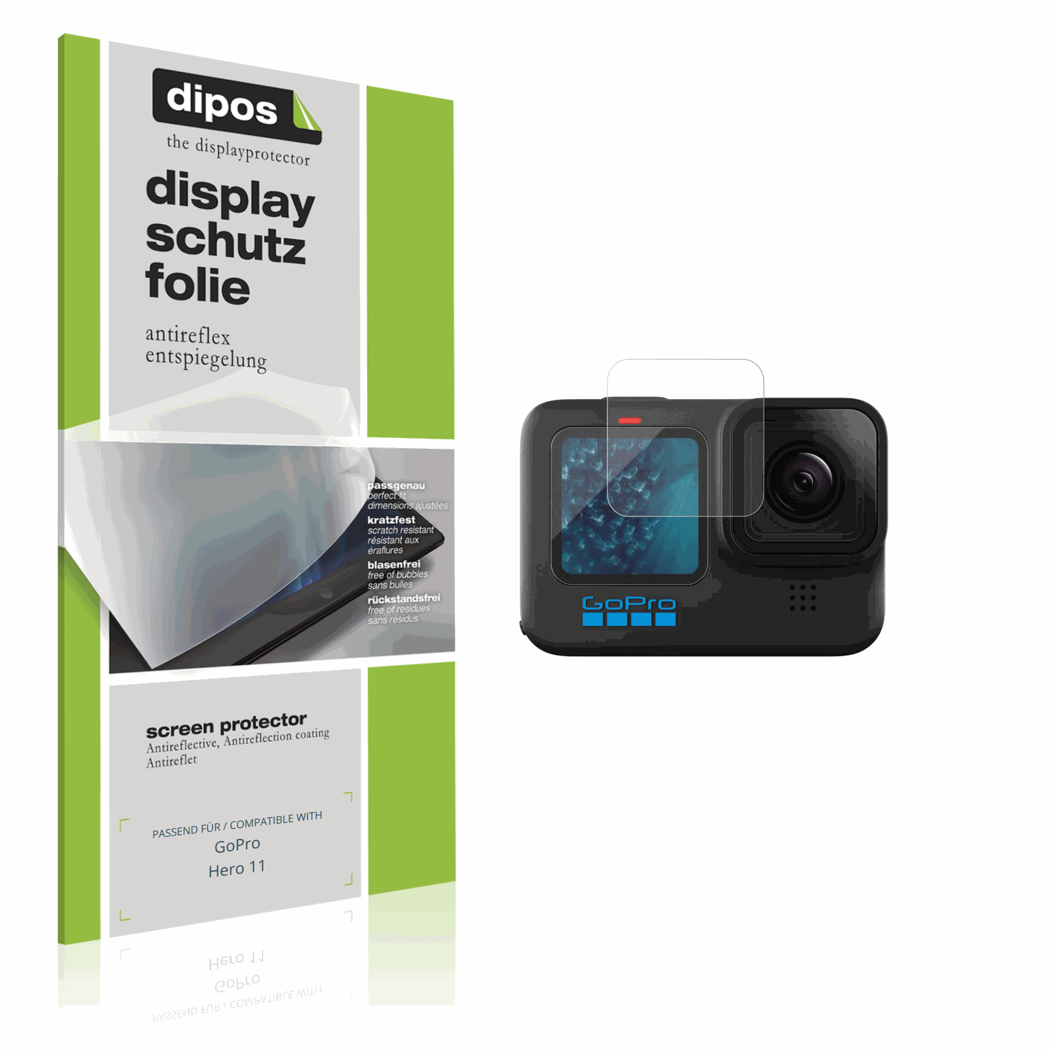 Matte Displayschutzfolie von dipos passend für goprohero 11, präziser Zuschnitt und blasenfrei montiert