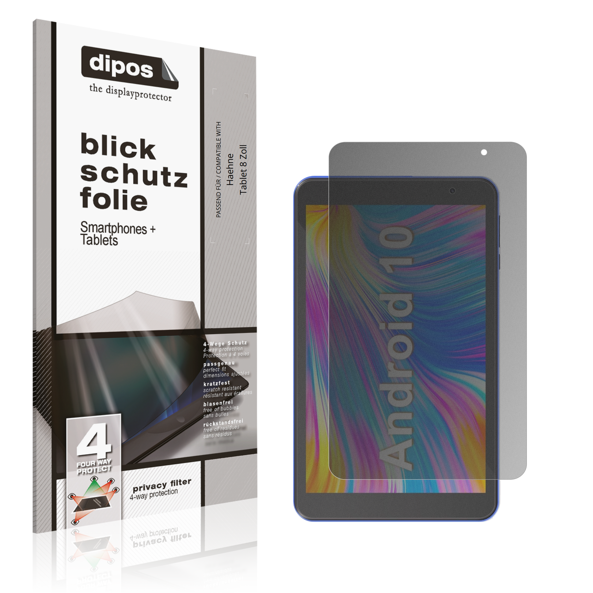 Blickschutzfolie von dipos passend für Haehne Tablet 8 Zoll, präziser Zuschnitt und blasenfrei montiert