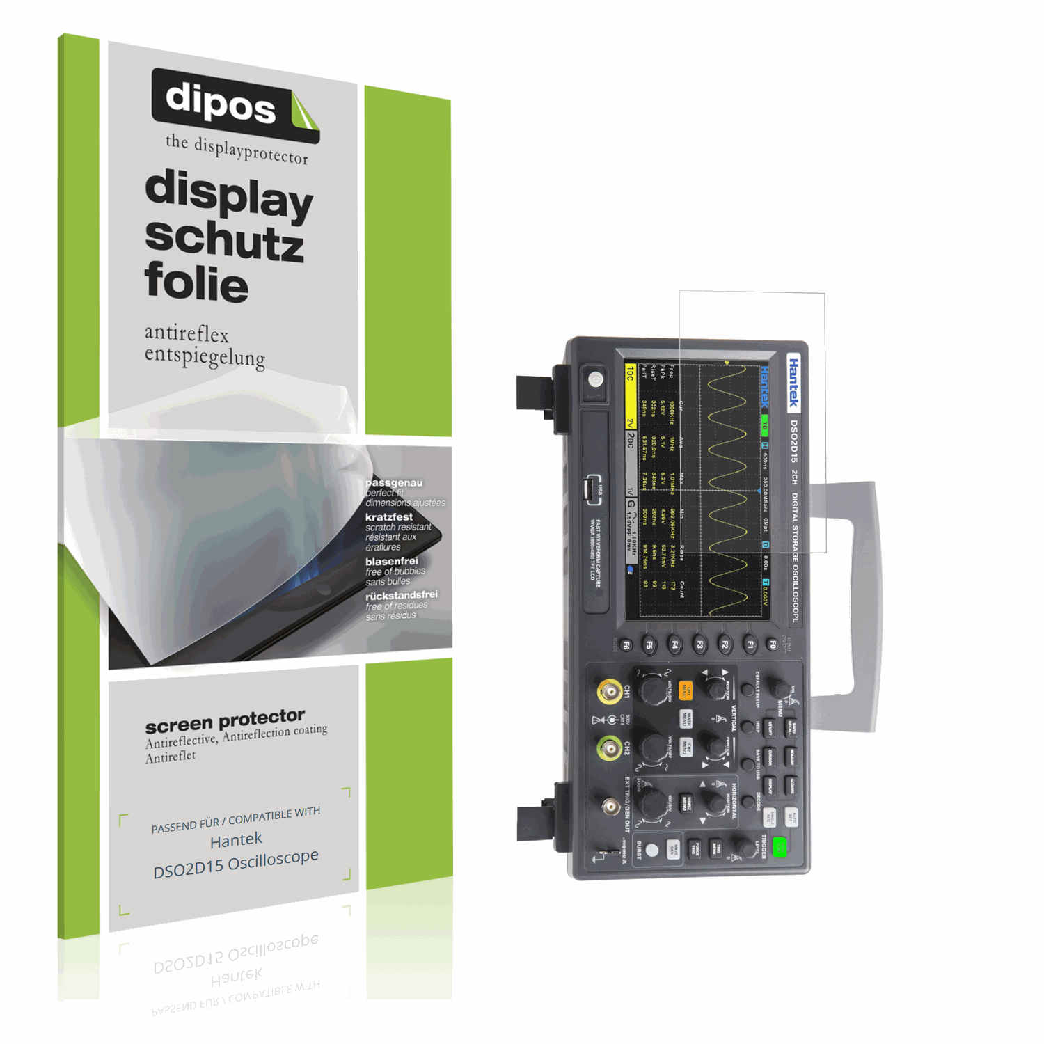 Matte Displayschutzfolie von dipos passend für Hantek DSO2D15 Oscilloscope, präziser Zuschnitt und blasenfrei montiert