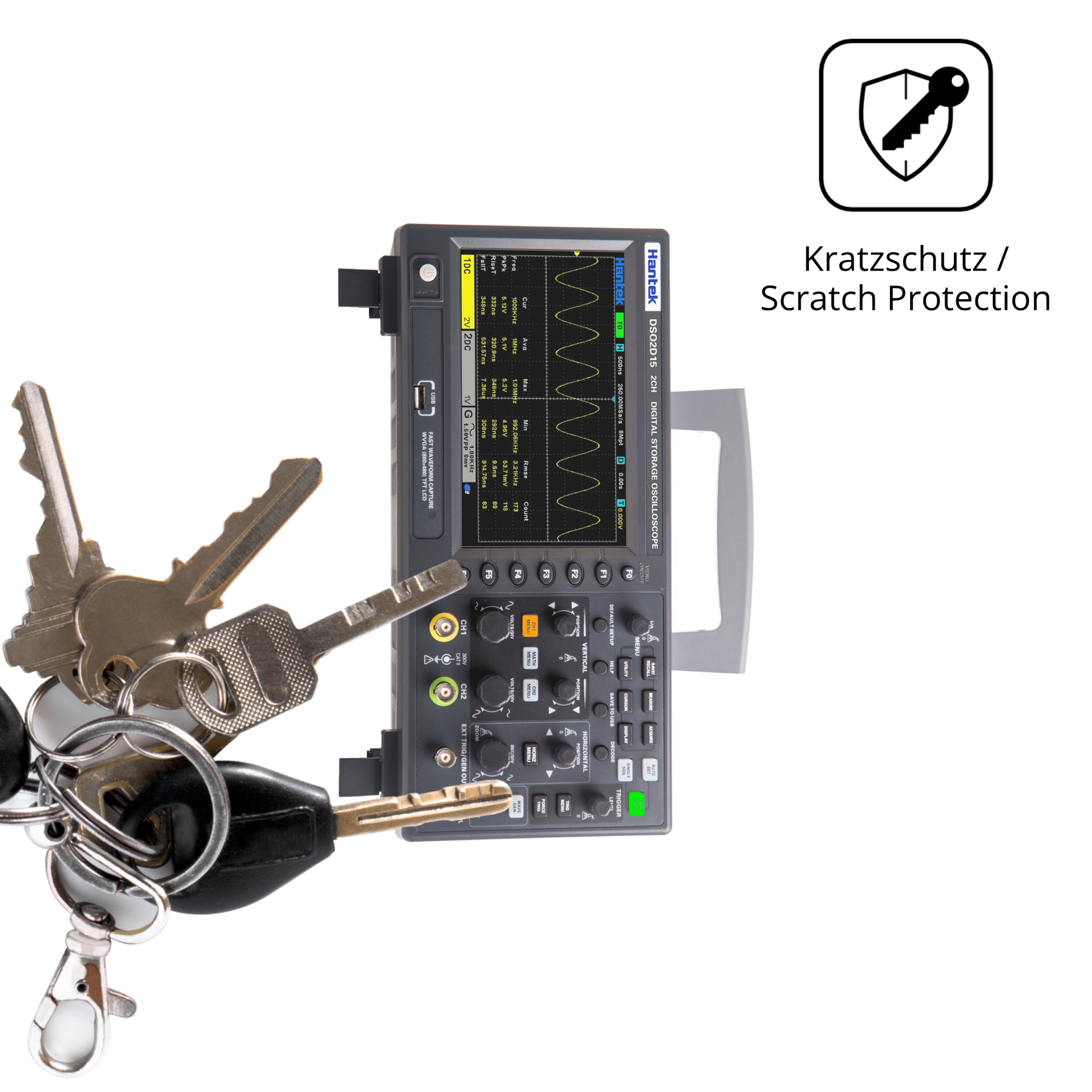 Schutz gegen Kratzer auf dem Hantek DSO2D15 Oscilloscope Glas durch Schlüssel oder Ähnliches