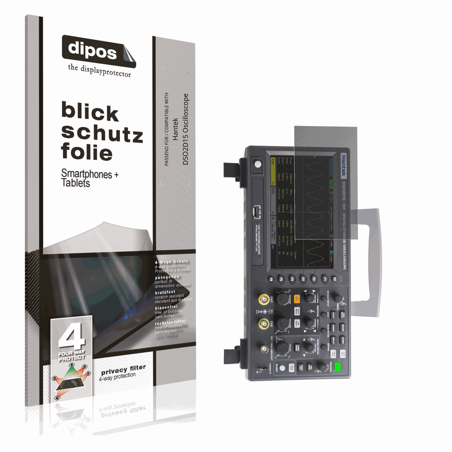 Blickschutzfolie von dipos passend für Hantek DSO2D15 Oscilloscope, präziser Zuschnitt und blasenfrei montiert