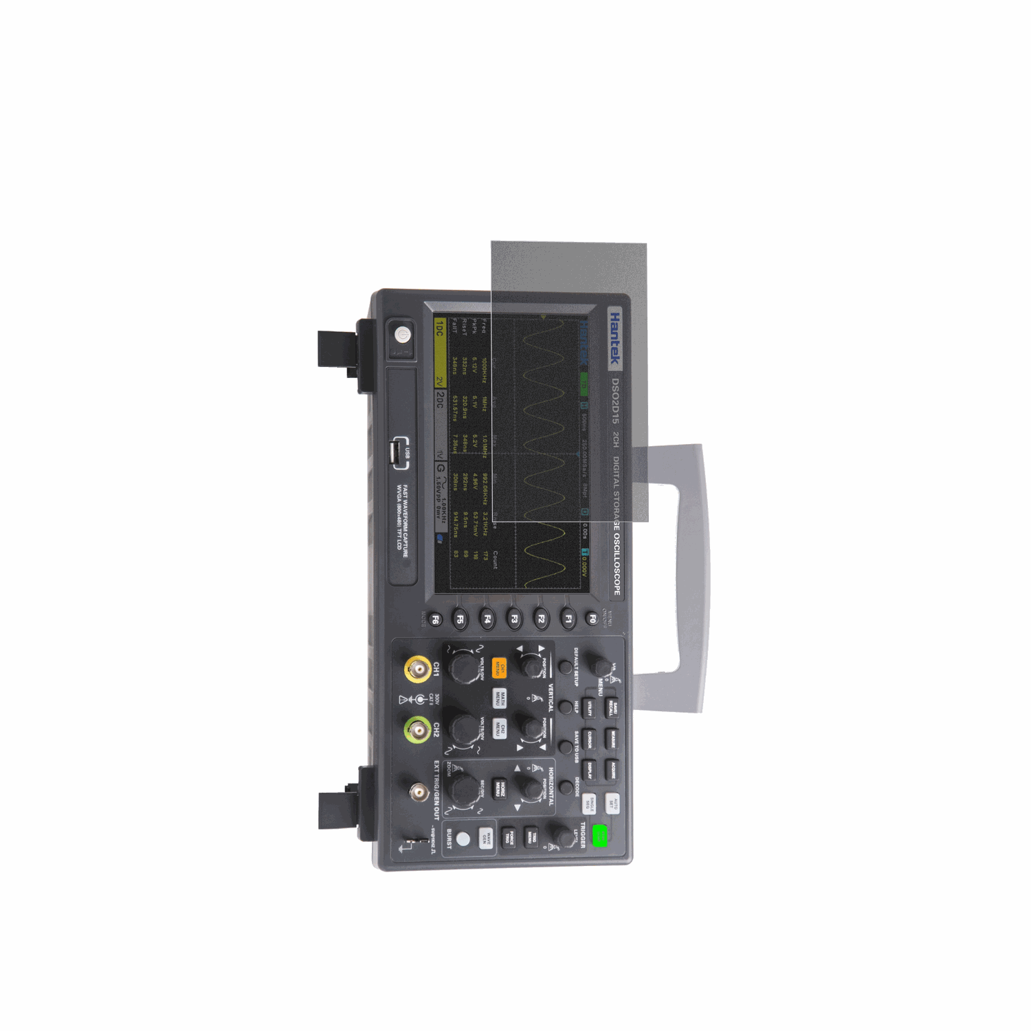HantekDSO2D15 Oscilloscope mit aufgebrachtem dipos Displayschutz, der seitliche Einblicke blockiert