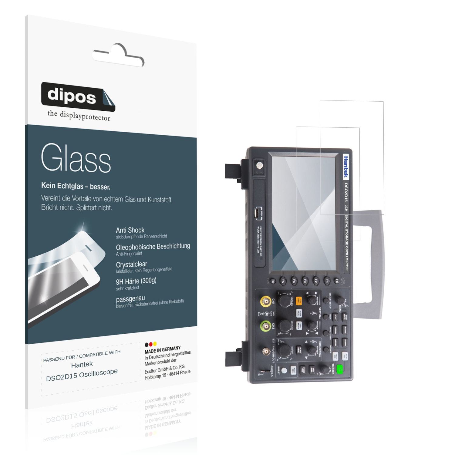 Klare Displayschutzfolie von dipos passend für Hantek DSO2D15 Oscilloscope, 9H kratzfest und blasenfrei montiert
