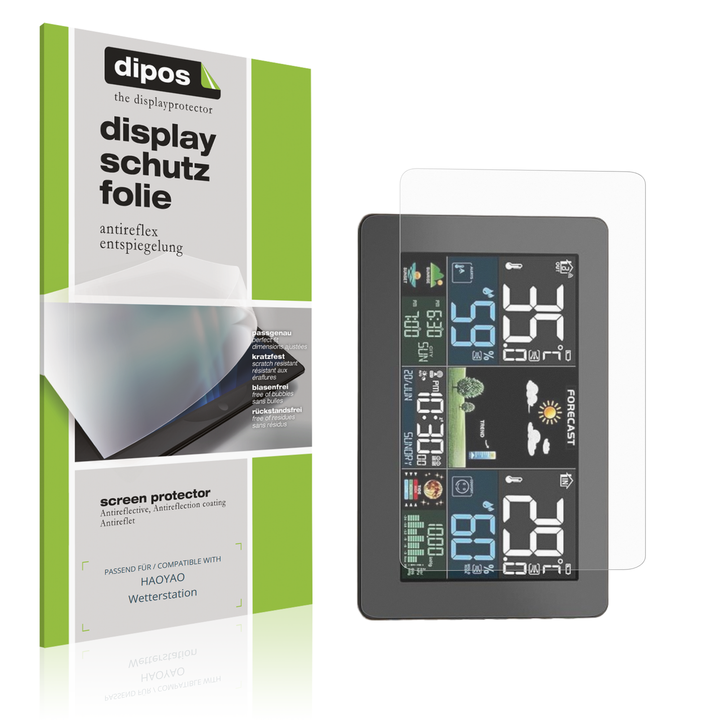 Matte Displayschutzfolie von dipos passend für HAOYAO Wetterstation, präziser Zuschnitt und blasenfrei montiert
