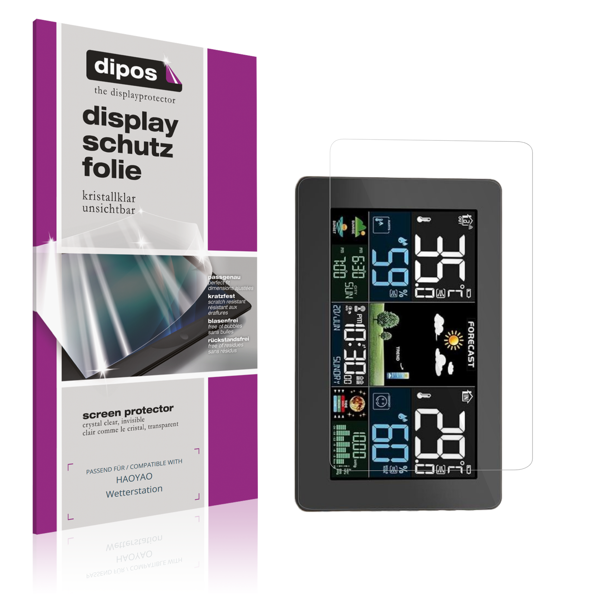 Klare Displayschutzfolie von dipos passend für HAOYAO Wetterstation, präziser Zuschnitt und blasenfrei montiert
