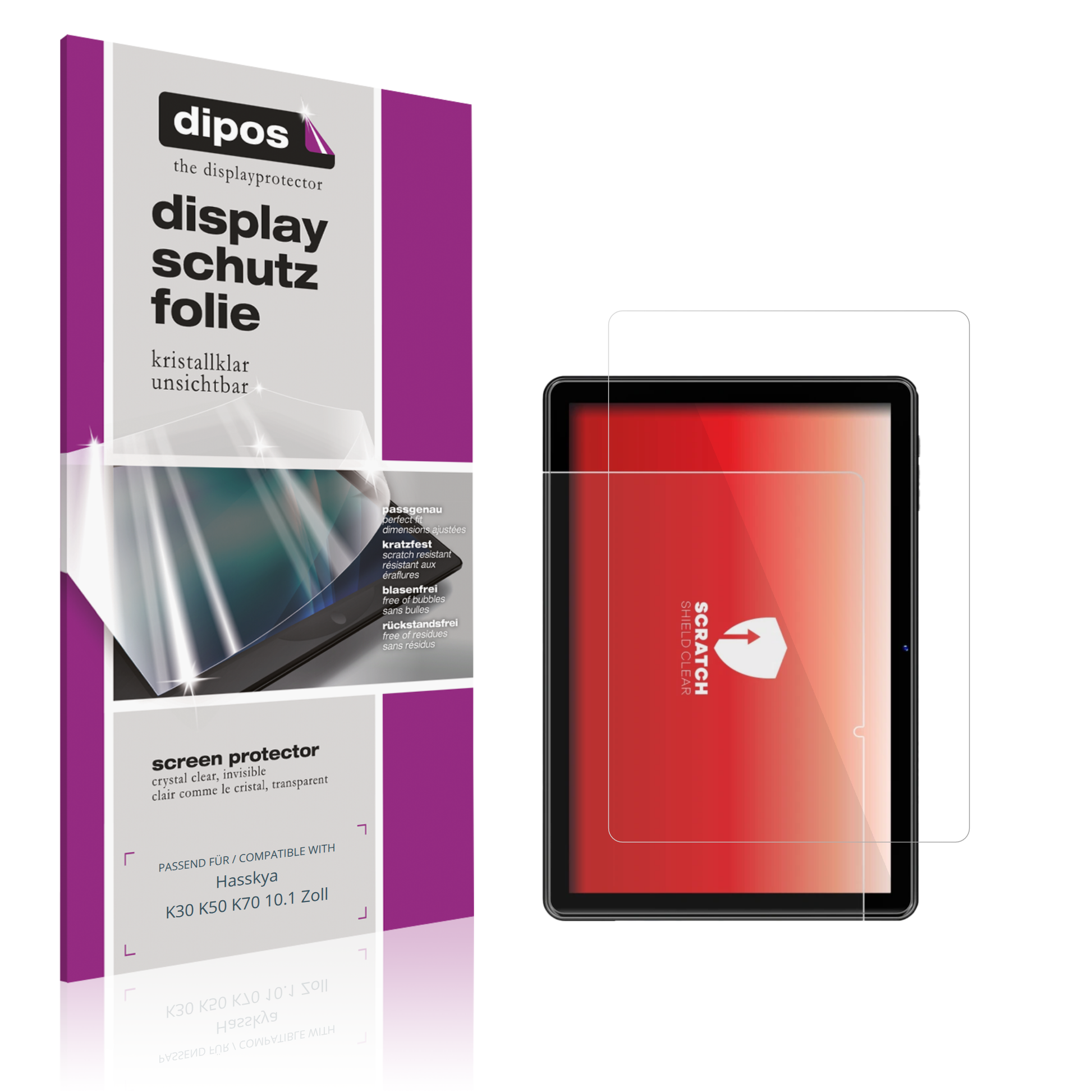 Klare Displayschutzfolie von dipos passend für Hasskya K30 K50 K70 10.1 Zoll, präziser Zuschnitt und blasenfrei montiert