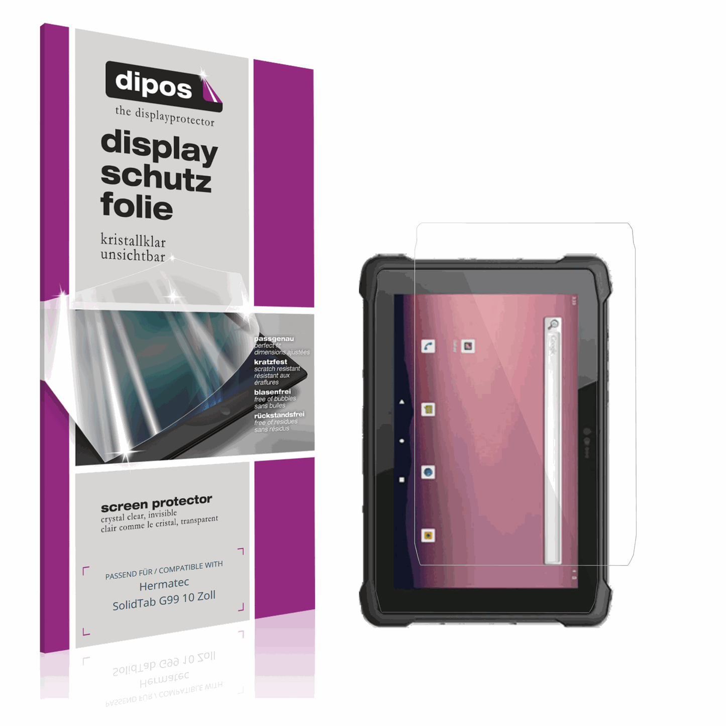 Klare Displayschutzfolie von dipos passend für hermatecsolidtab g99 10 zoll, präziser Zuschnitt und blasenfrei montiert