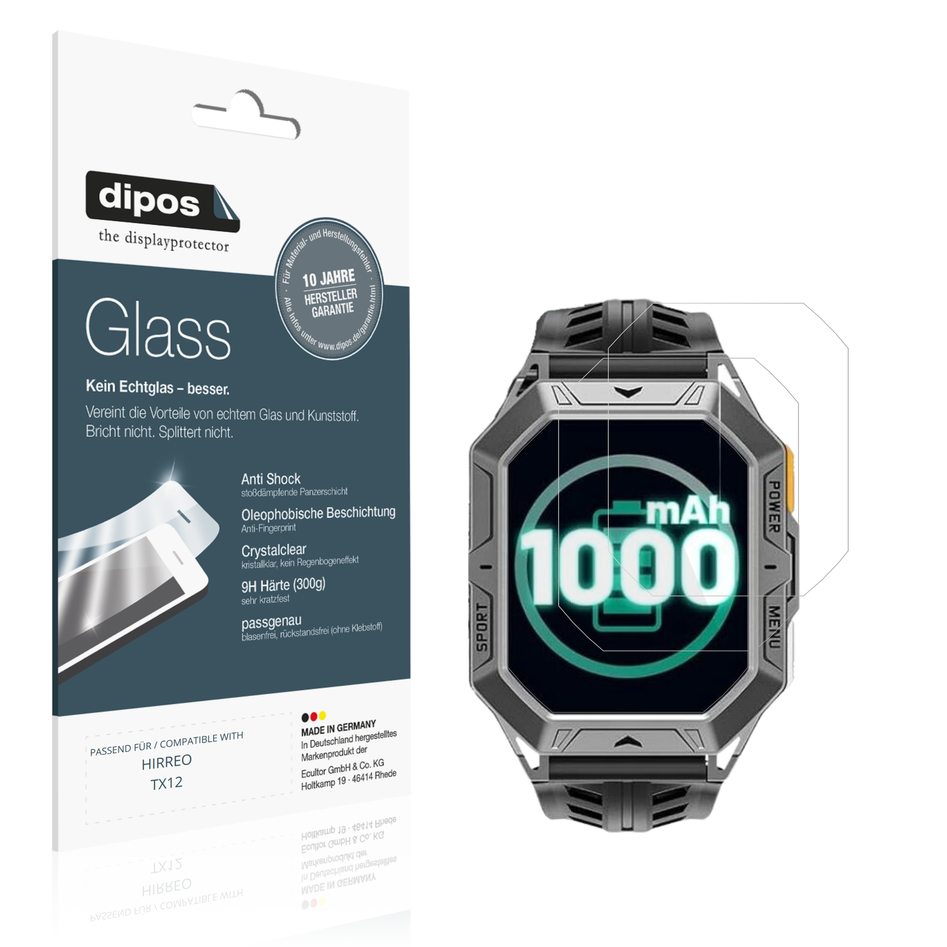 Klare Displayschutzfolie von dipos passend für HIRREO TX12, 9H kratzfest und blasenfrei montiert