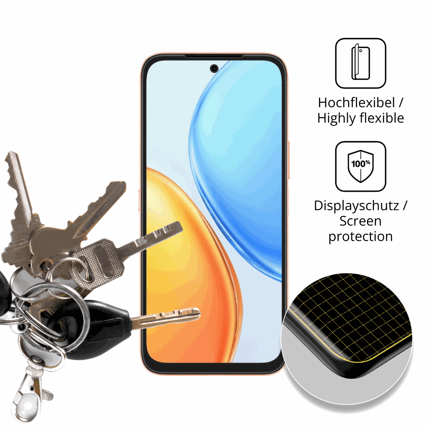 dipos Displayschutz für Honor X7e, transparente Oberfläche, perfekte Passform auch für die Rundungen