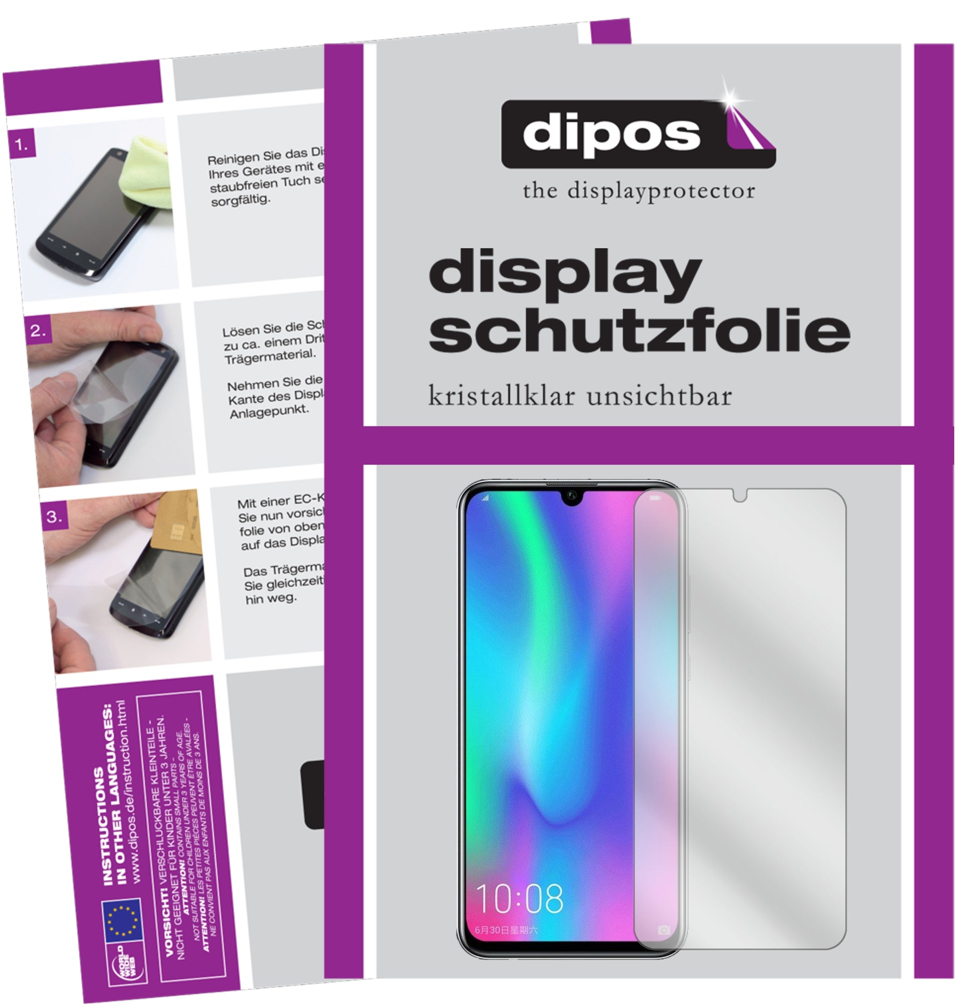 Klare Displayschutzfolie von dipos passend für Honor 10i, präziser Zuschnitt und blasenfrei montiert