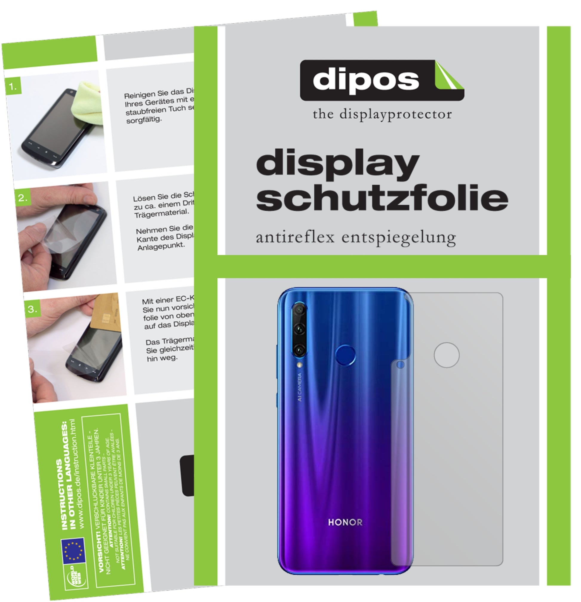 Matte Displayschutzfolie von dipos passend für Honor 20E Rückseite, präziser Zuschnitt und blasenfrei montiert