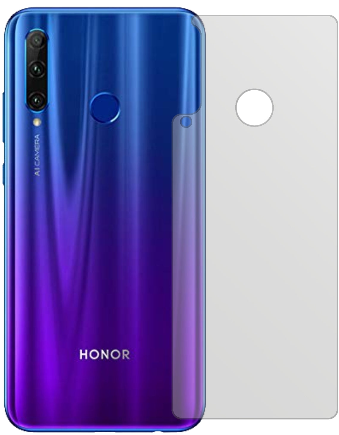Honor20E Rückseite mit aufgebrachter dipos Displayschutzfolie, die lästige Fingerabdrücke minimiert