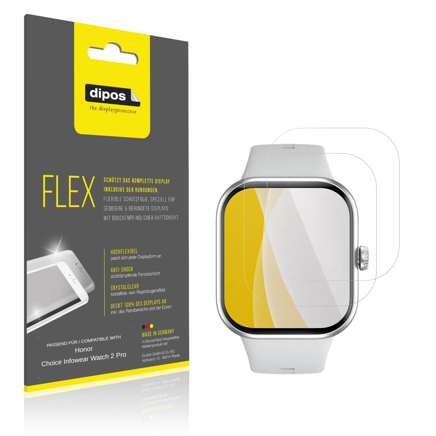 Klare Displayschutzfolie von dipos passend für Honor Choice Infowear Watch 2 Pro, 100% Displayabdeckung und blasenfreie Montage