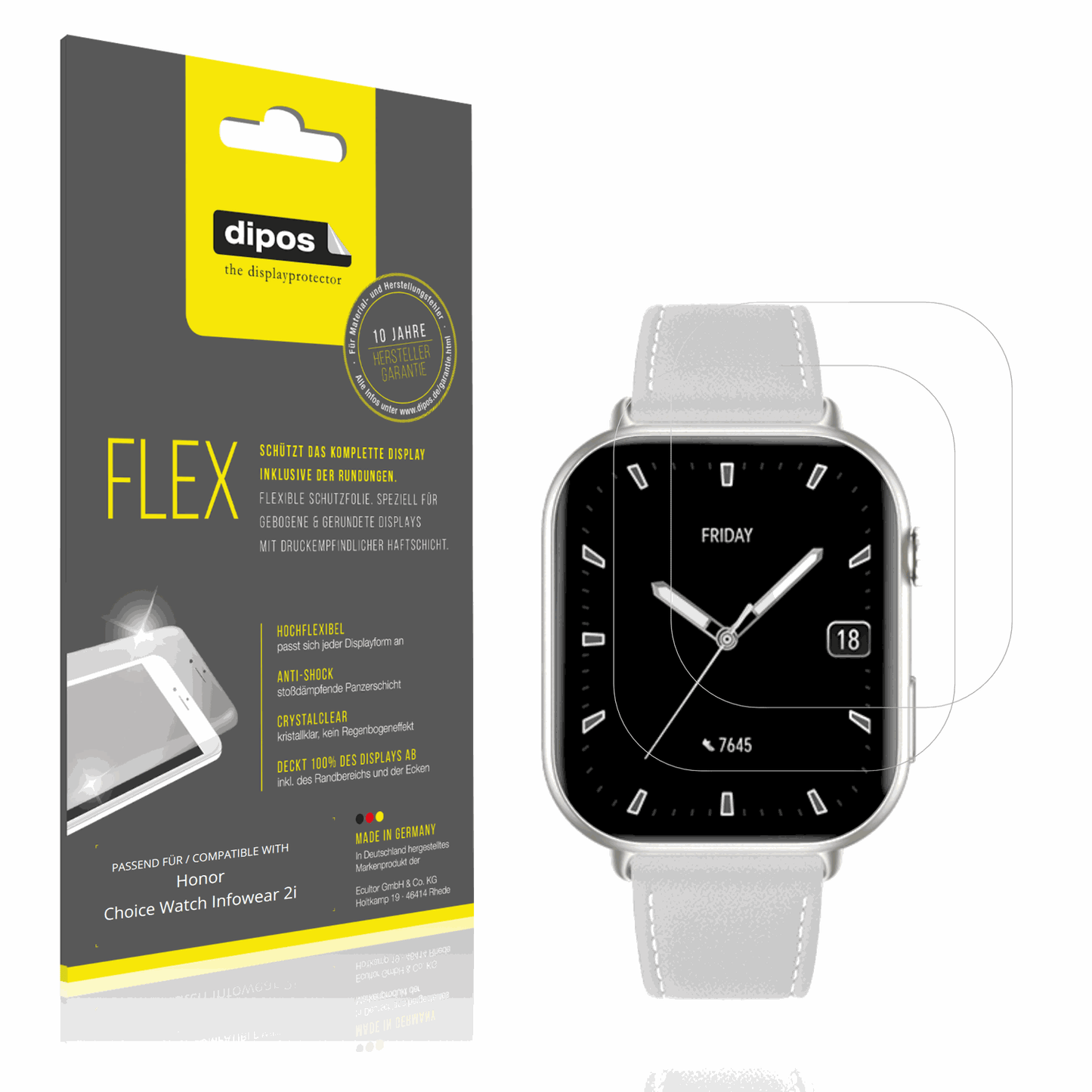 Klare Displayschutzfolie von dipos passend für Honor Choice Watch Infowear 2i, 100% Displayabdeckung und blasenfreie Montage