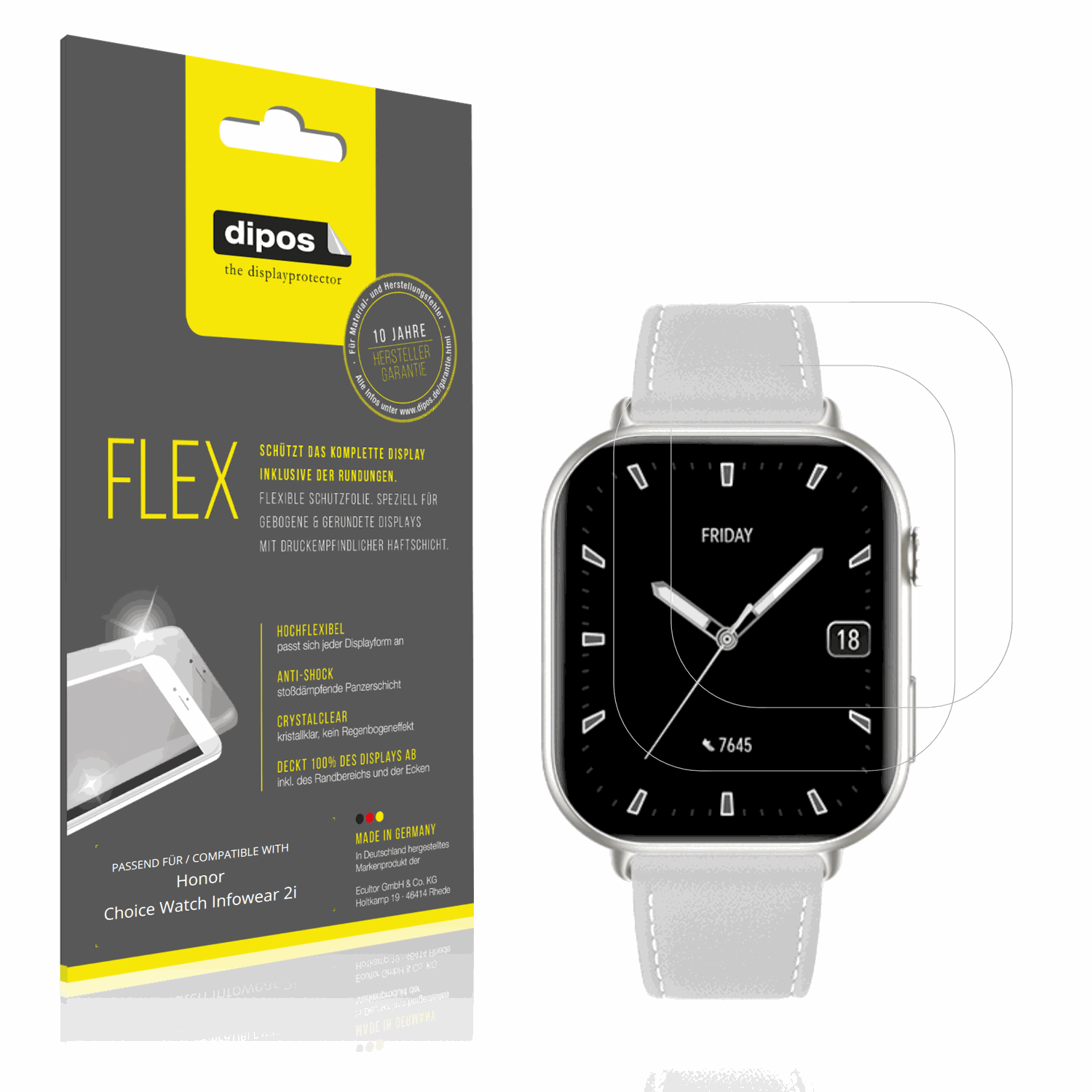 Klare Displayschutzfolie von dipos passend für Honor Choice Watch Infowear 2i, 100% Displayabdeckung und blasenfreie Montage
