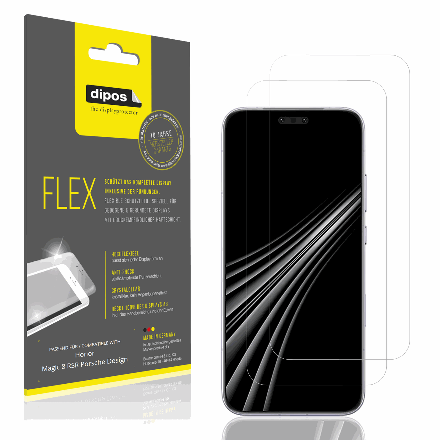 Klare Displayschutzfolie von dipos passend für Honor Magic 8 RSR Porsche Design, 100% Displayabdeckung und blasenfreie Montage